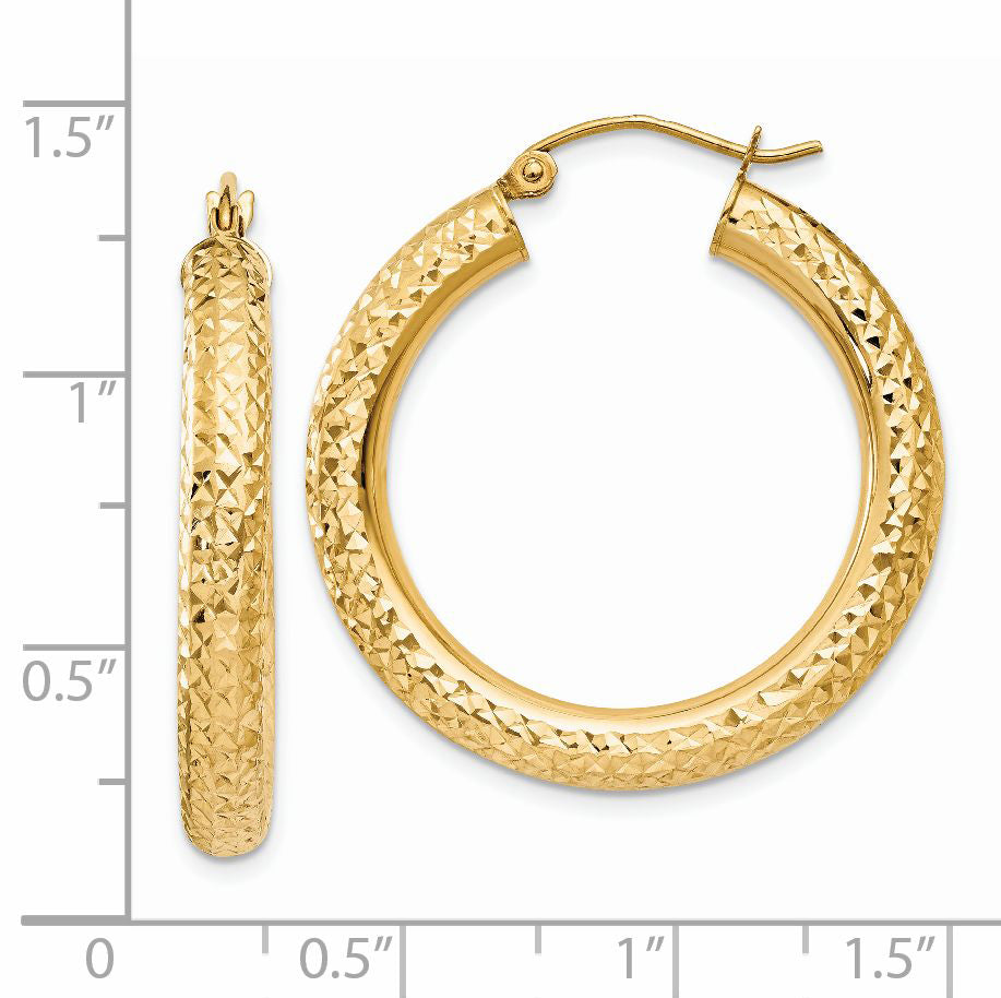 14K Yellow Gold Diamond-Cut 4mm Round Hoop Earrings