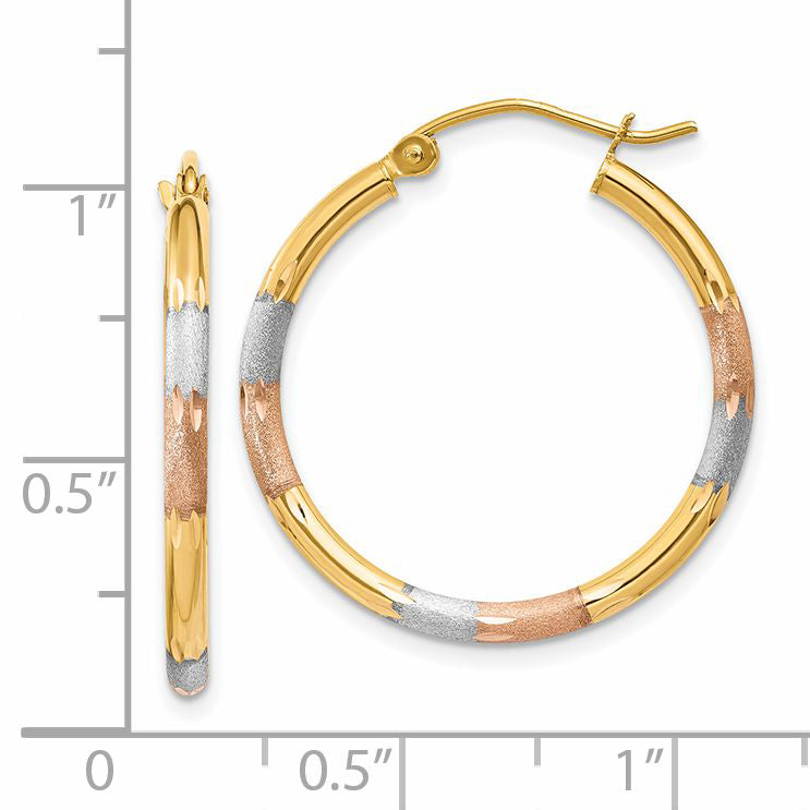 14K Yellow & Rhodium W/White And Rose 2mm Satin D/C Hoop Earrings