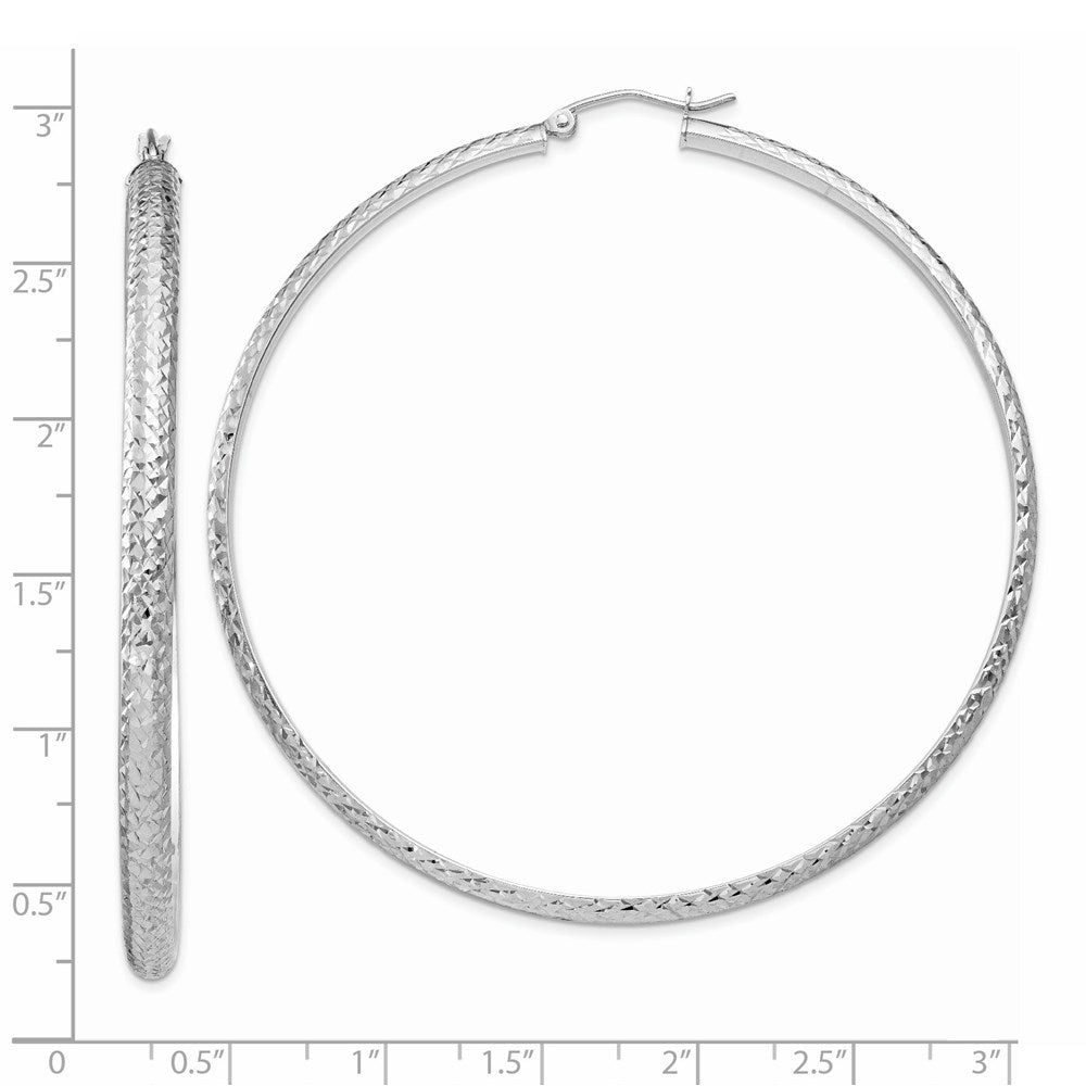 14K White Gold Diamond-Cut 3.5X65mm Hollow Hoop Earrings