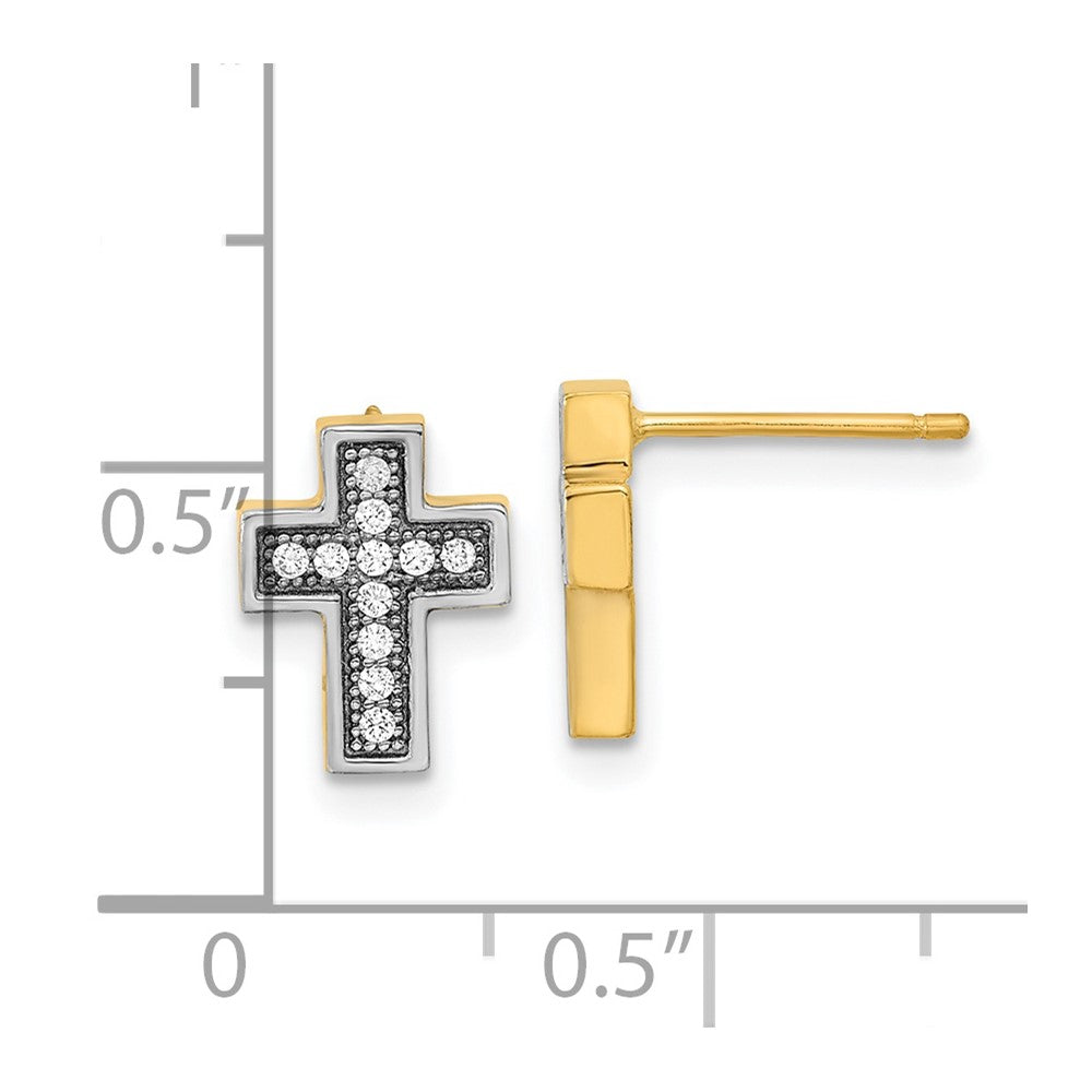 14K Yellow & Rhodium W/Rhodium Micro Pav Cz Cross Post Earrings