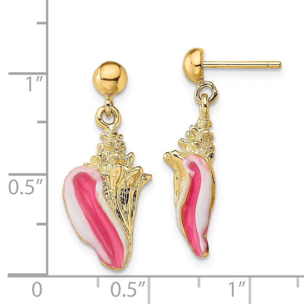 14K Yellow Gold White And Pink Enamel Conch Shell Dangle Earrings