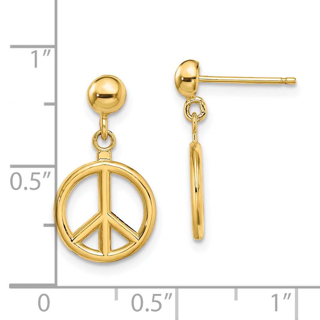 14K Yellow Gold 3-D Polished Peace Symbol Dangle Earrings
