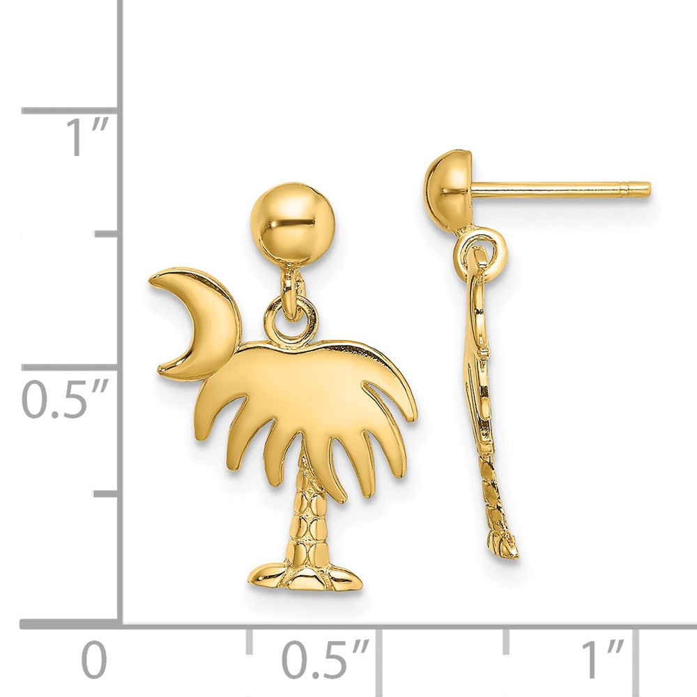 14K Yellow Gold Charleston Palm Tree W/ Moon Dangle Earrings