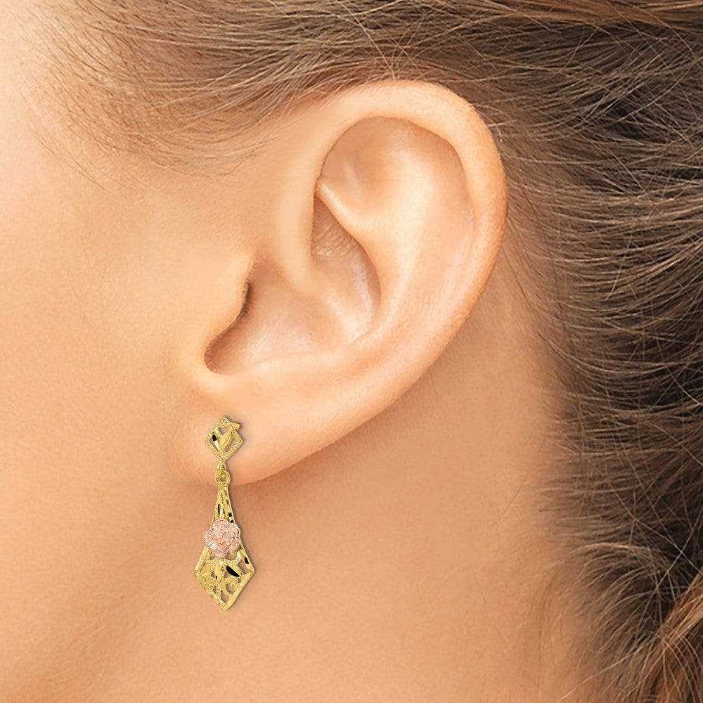 14K Two-Tone D/C Flower Post Dangle Earrings