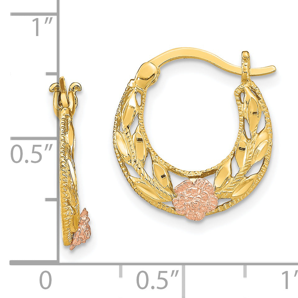 14K Two-Tone D/C Flowers Hoop Earrings