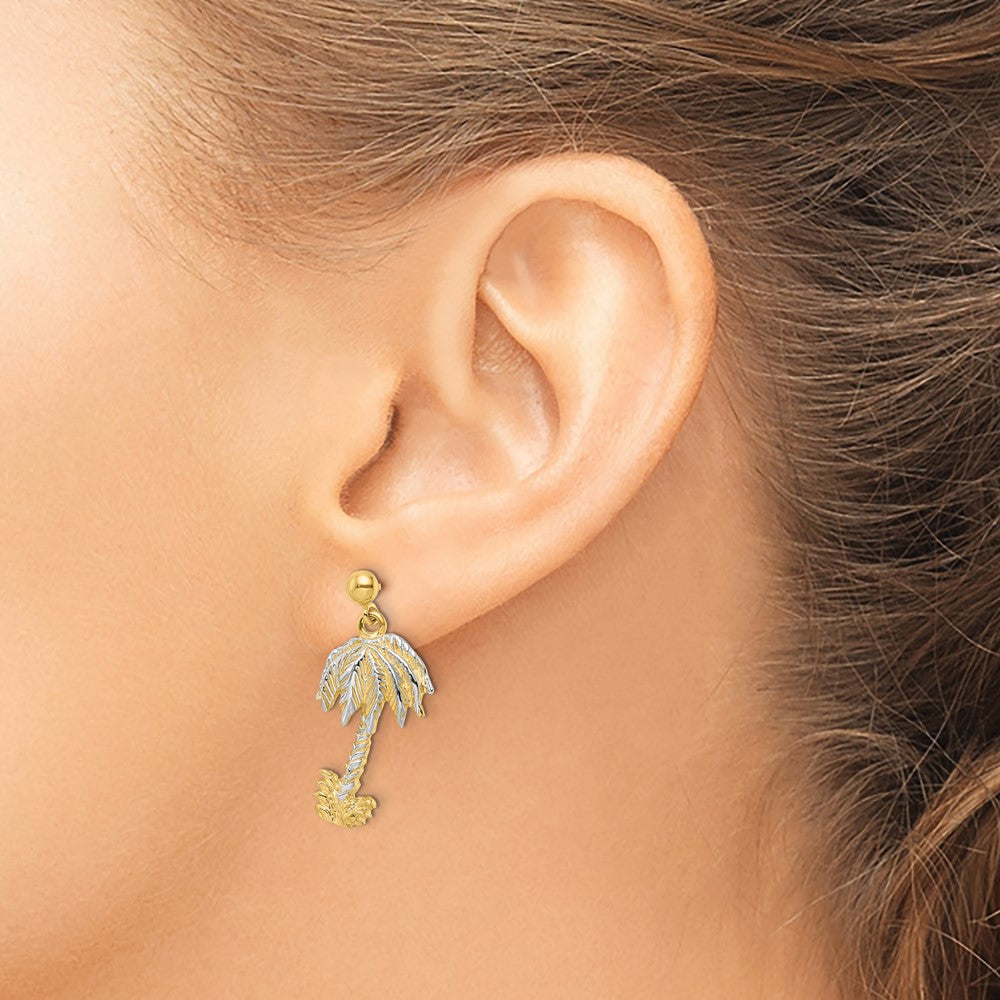 14K Yellow & Rhodium Textured W/Rhodium Palm Tree Post Dangle Earrings