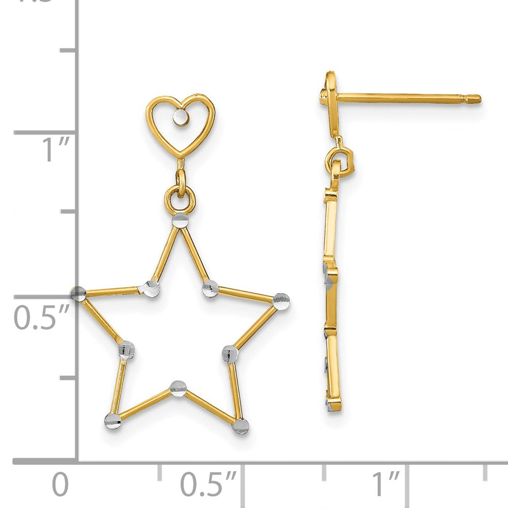 14K Yellow & Rhodium W/ Rh Diamond-Cut Heart And Star Post Dangle Earrings