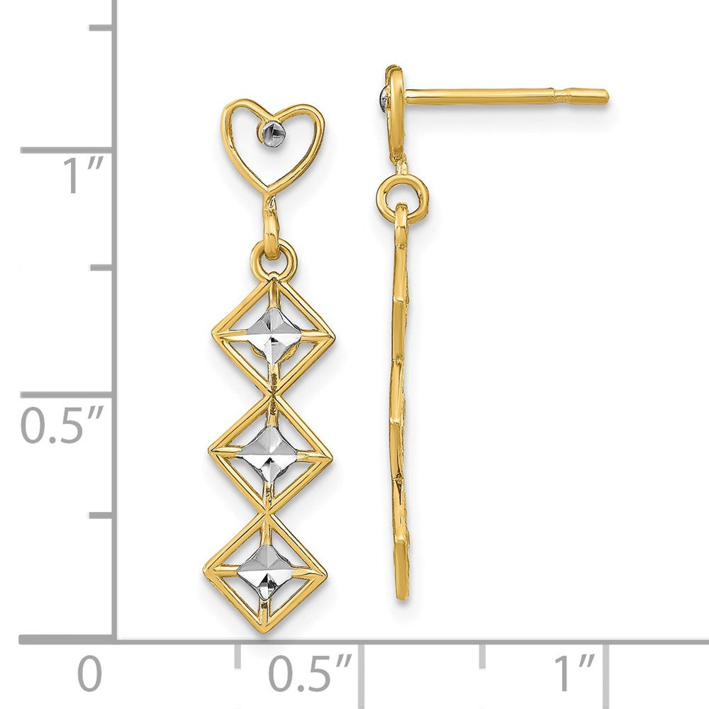 14K Yellow & Rhodium W/Rh D/C Heart And Diamond Shape Post Dangle Earrings