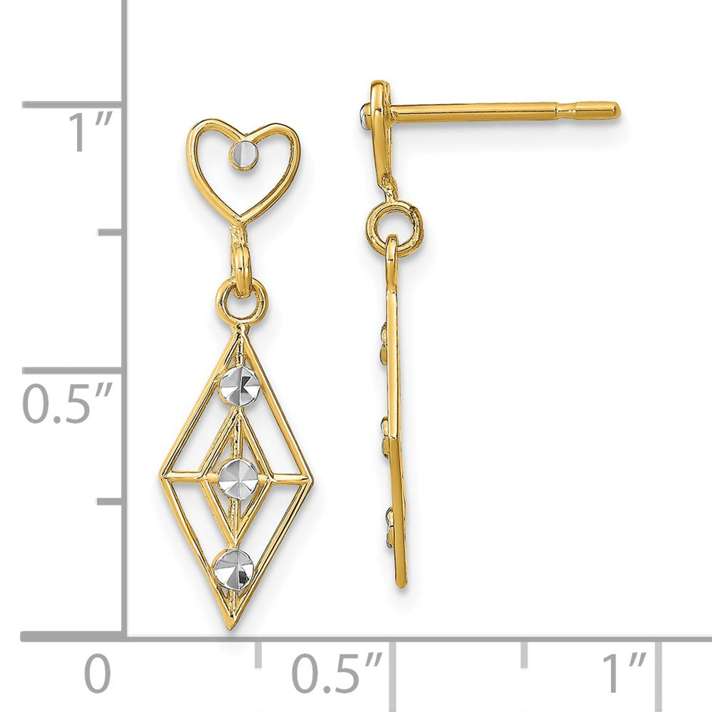14K Yellow & Rhodium W/Rh Dia.-Cut Diamond Shape Heart Dangle Earrings