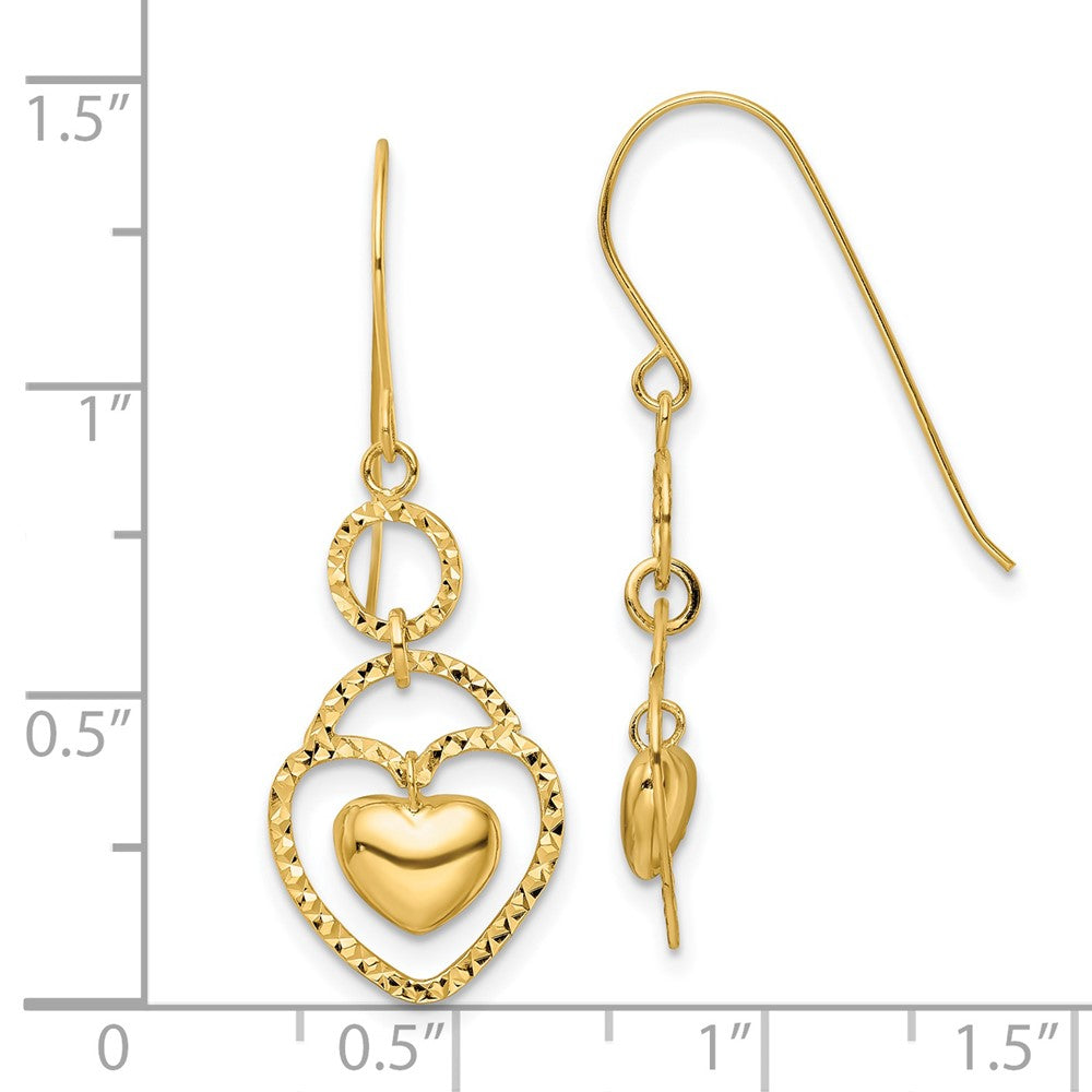 14K Yellow Gold D/C Open Heart Charm Earrings