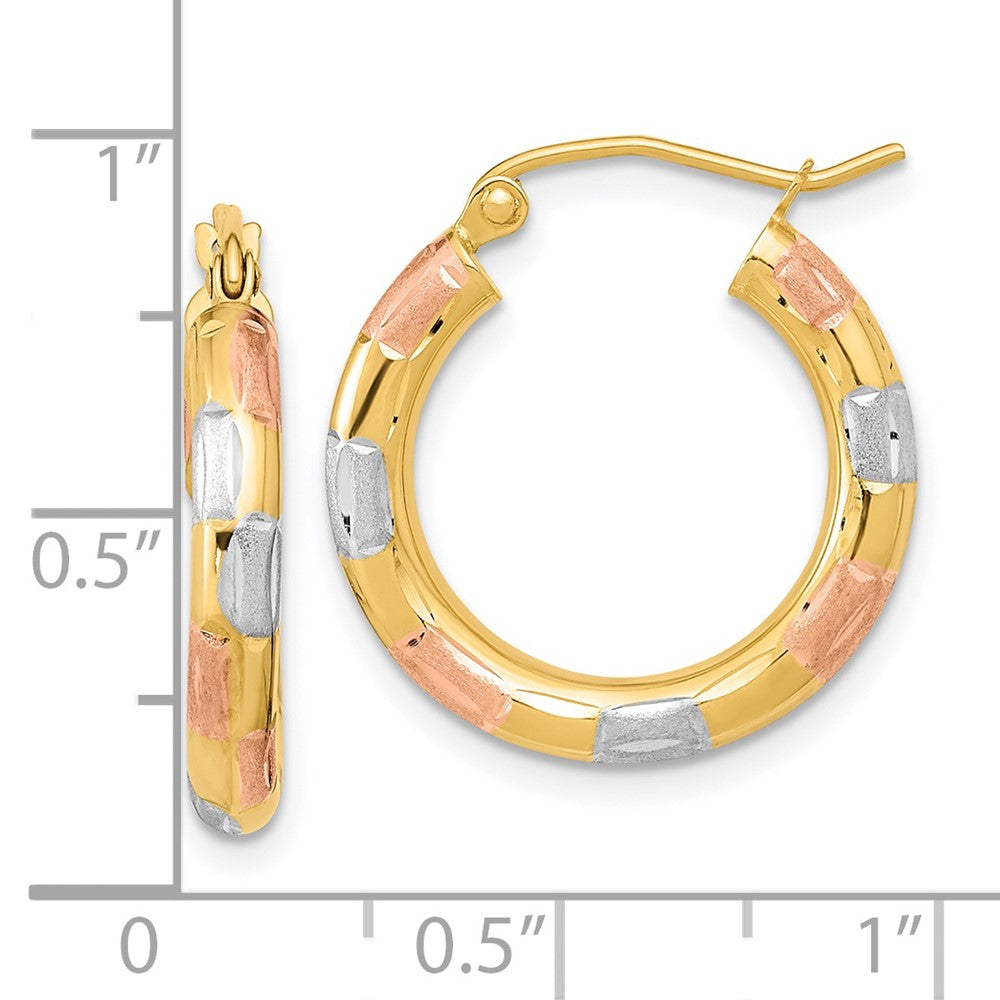 14K Yellow & Rhodium W/White And Rose Polished Satin Diamond-Cut Hoop Earrings