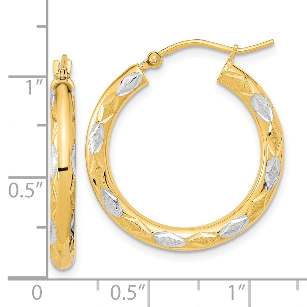 14K Yellow & Rhodium White Polished Satin And Diamond-Cut Hoop Earrings