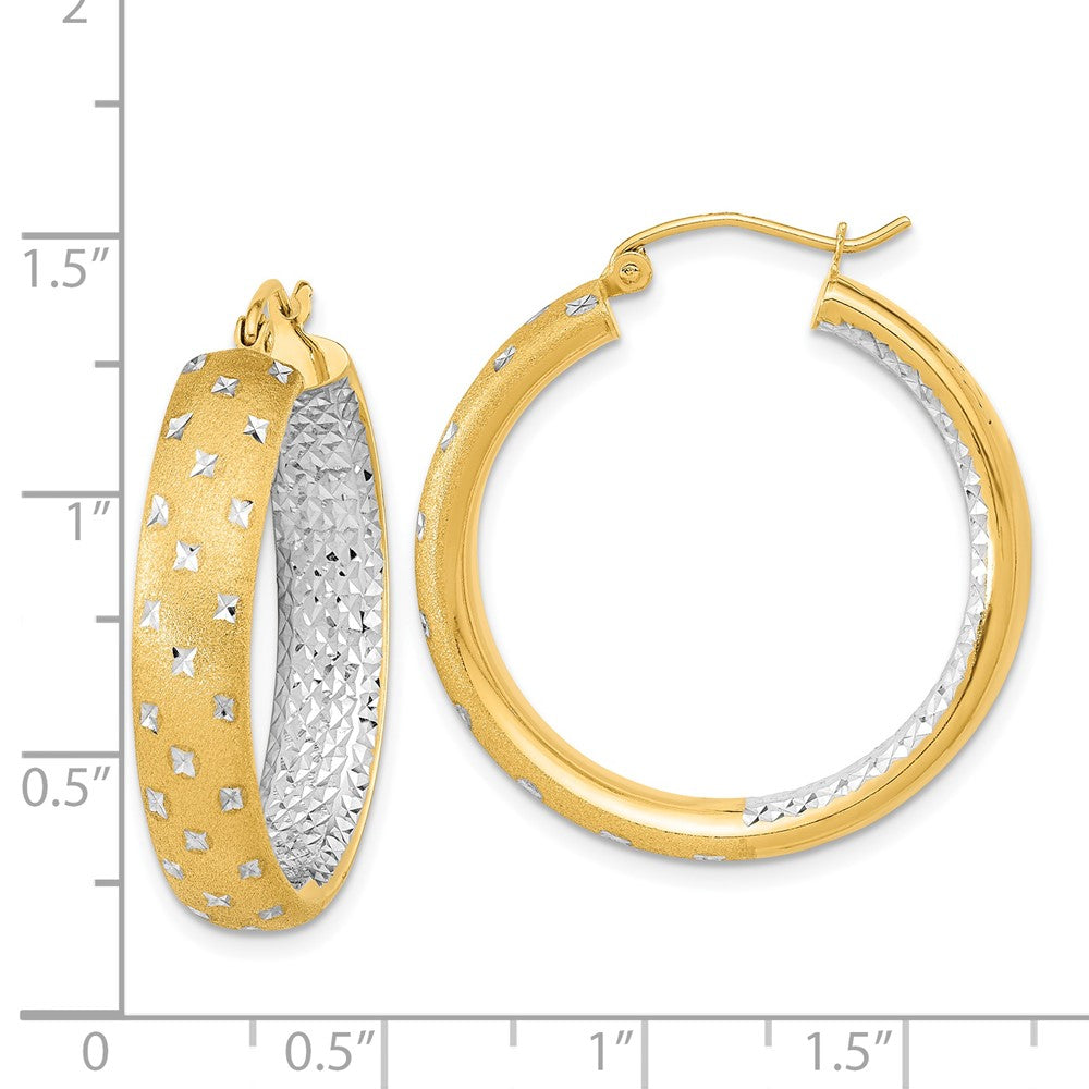 14K Yellow & Rhodium White Polished Satin Diamond-Cut In/Out Hoop Earrings