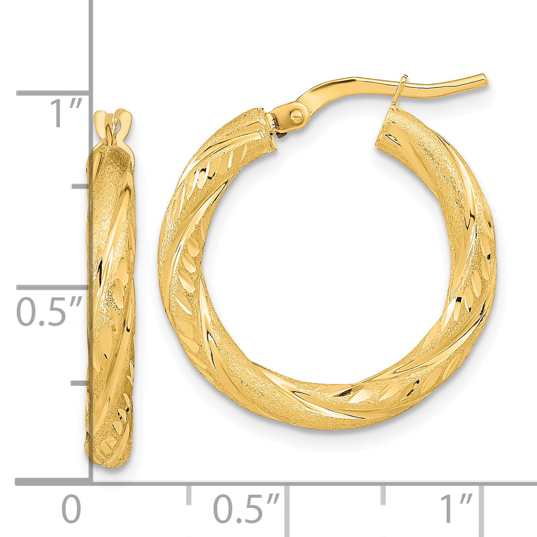 14K Yellow Gold 3mm Polished & Satin D/C Hoop Earrings
