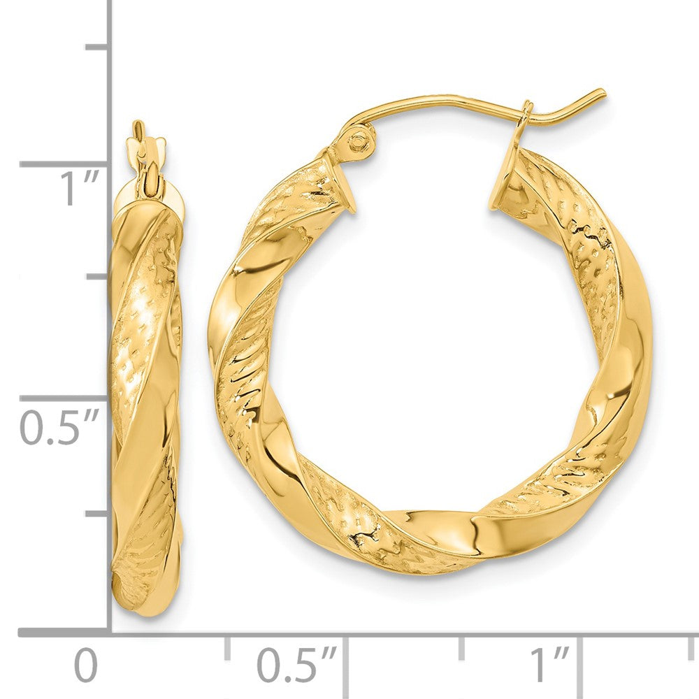 14K Yellow Gold Polished & D/C Twist Hoop Earrings