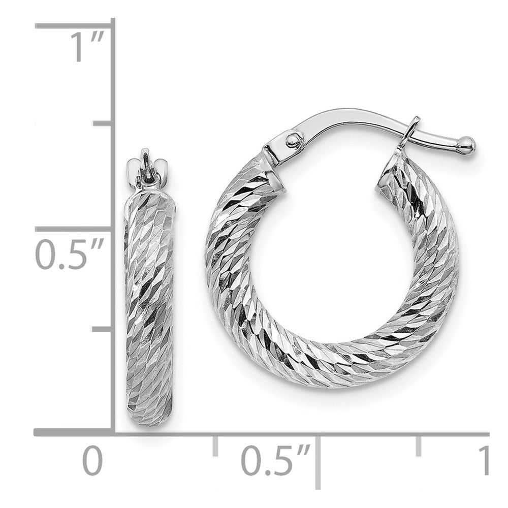 14K White Gold 3X10mm Diamond-Cut Round Hoop Earrings