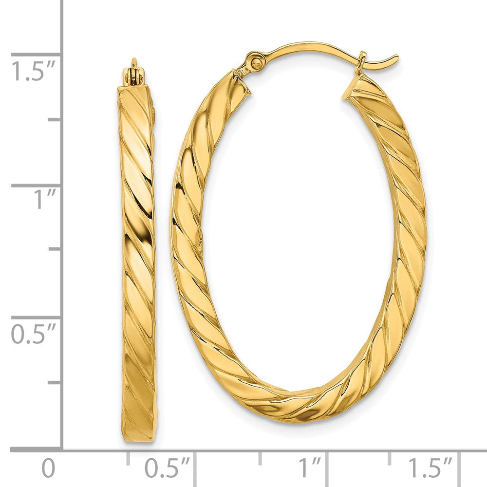 14K Yellow Gold Polished & Twisted 3mm Square Tube Oval Hoop Earrings