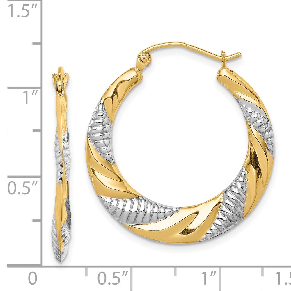 14K Yellow & Rhodium Textured Stamped Hoop Earrings