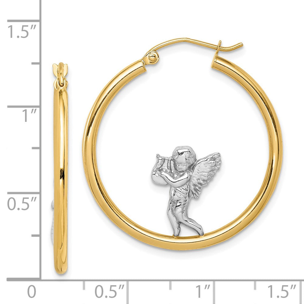 14K Yellow & Rhodium With Angel Hoop Earrings