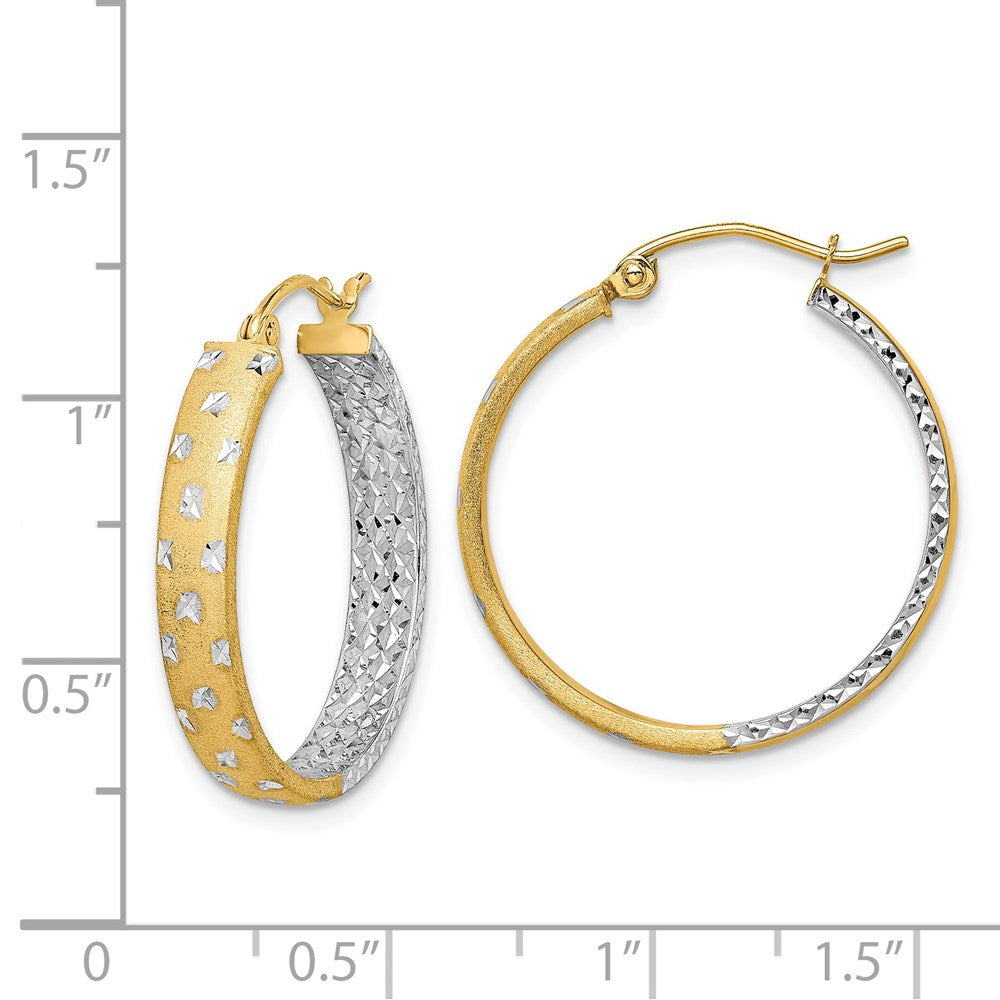14K Yellow & Rhodium W/White Polished Satin Diamond-Cut In/Out Hoop Earrings