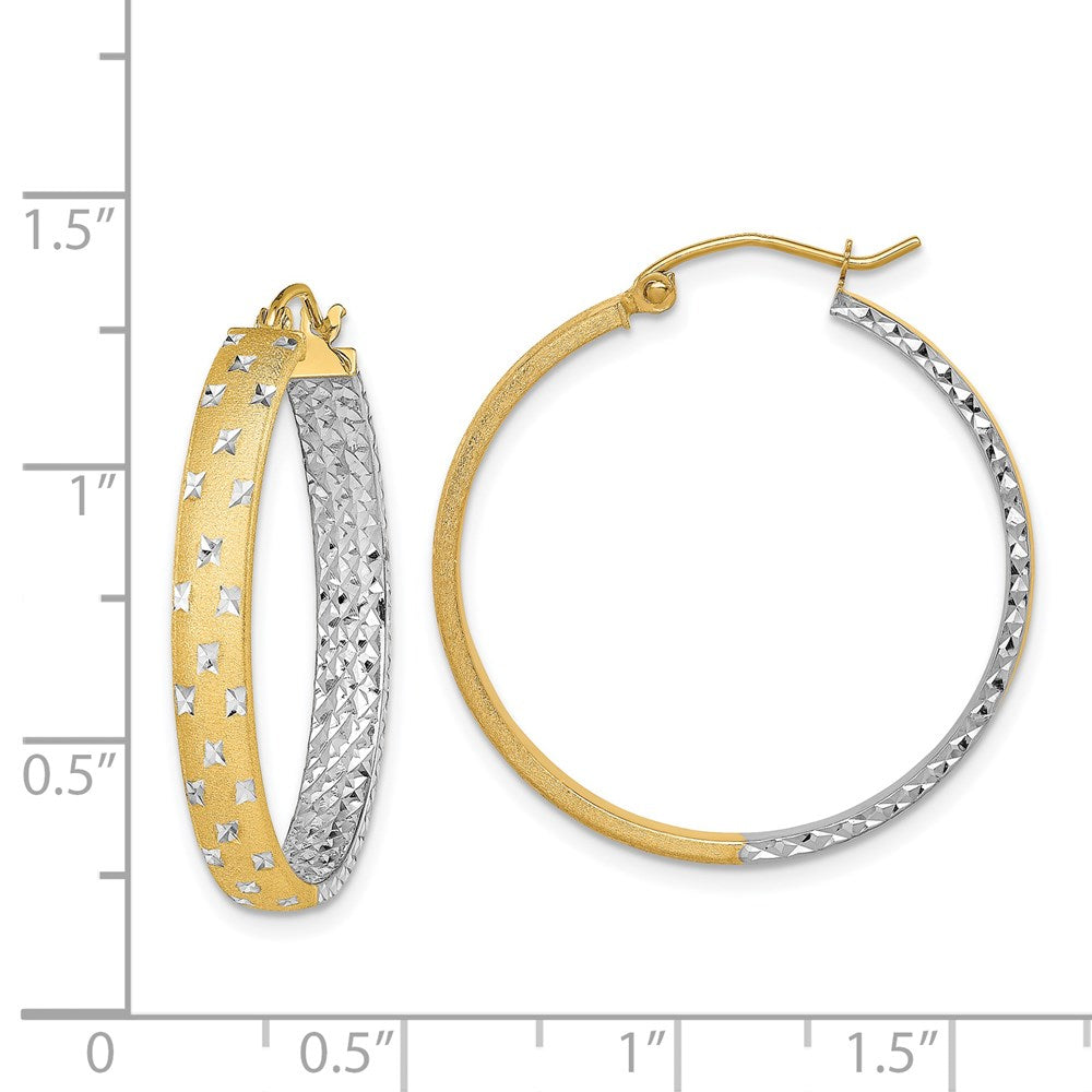 14K Yellow & Rhodium W/White Polished Satin Diamond-Cut In/Out Hoop Earrings