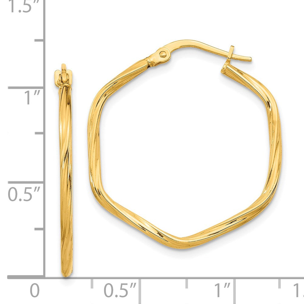 14K Yellow Gold 1X1mm Textured Twist Hexagon Hoop Earrings