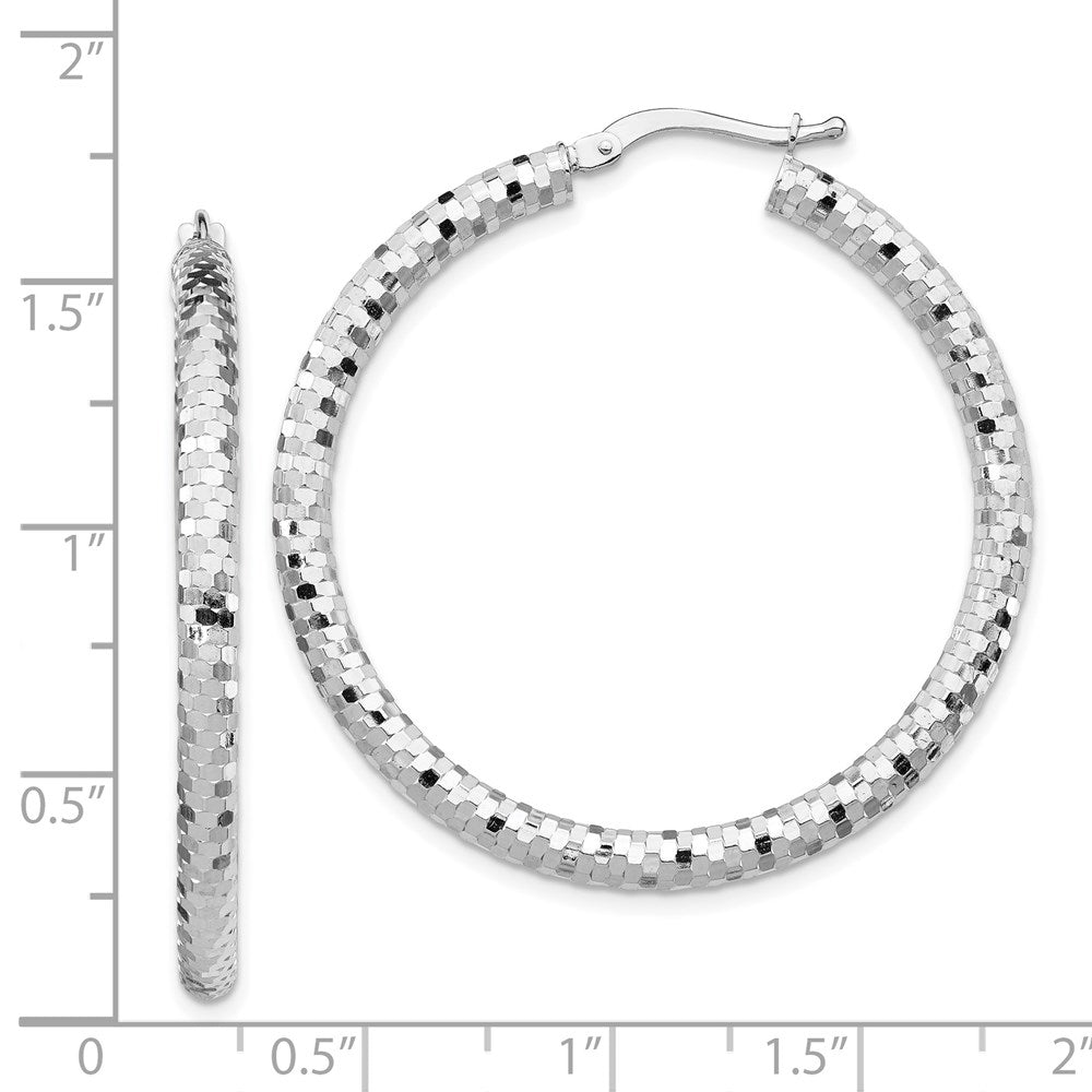 14K White Gold 3X38mm Diamond-Cut Hoop Earrings