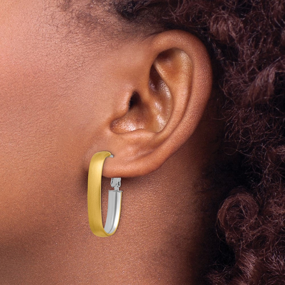 14K Yellow & Rhodium With White Polished And Satin Oval Omega Back Hoop Earrings