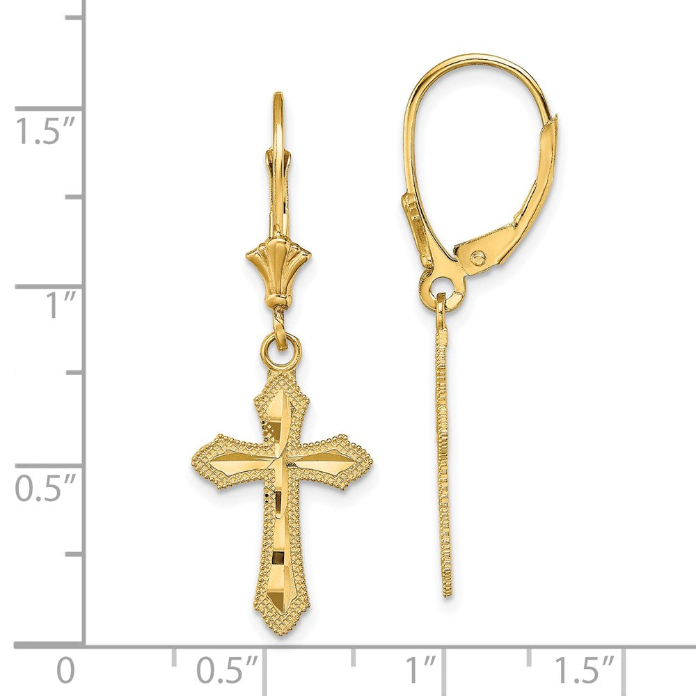 14K Yellow Gold D/C Cross W/ Beaded Edge Leverback Earrings