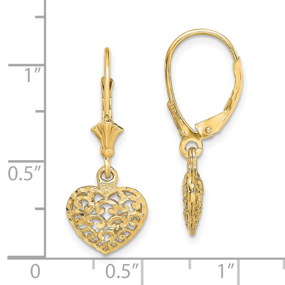 14K Yellow Gold Diamond-Cut Mini Puffed Heart Leverback Earrings
