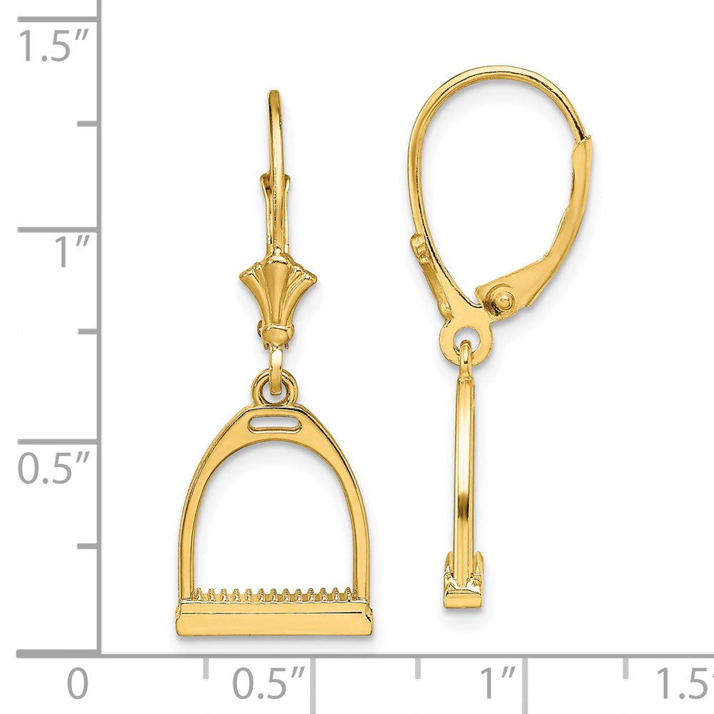 14K Yellow Gold 3-D Small Horse Stirrup Leverback Earrings