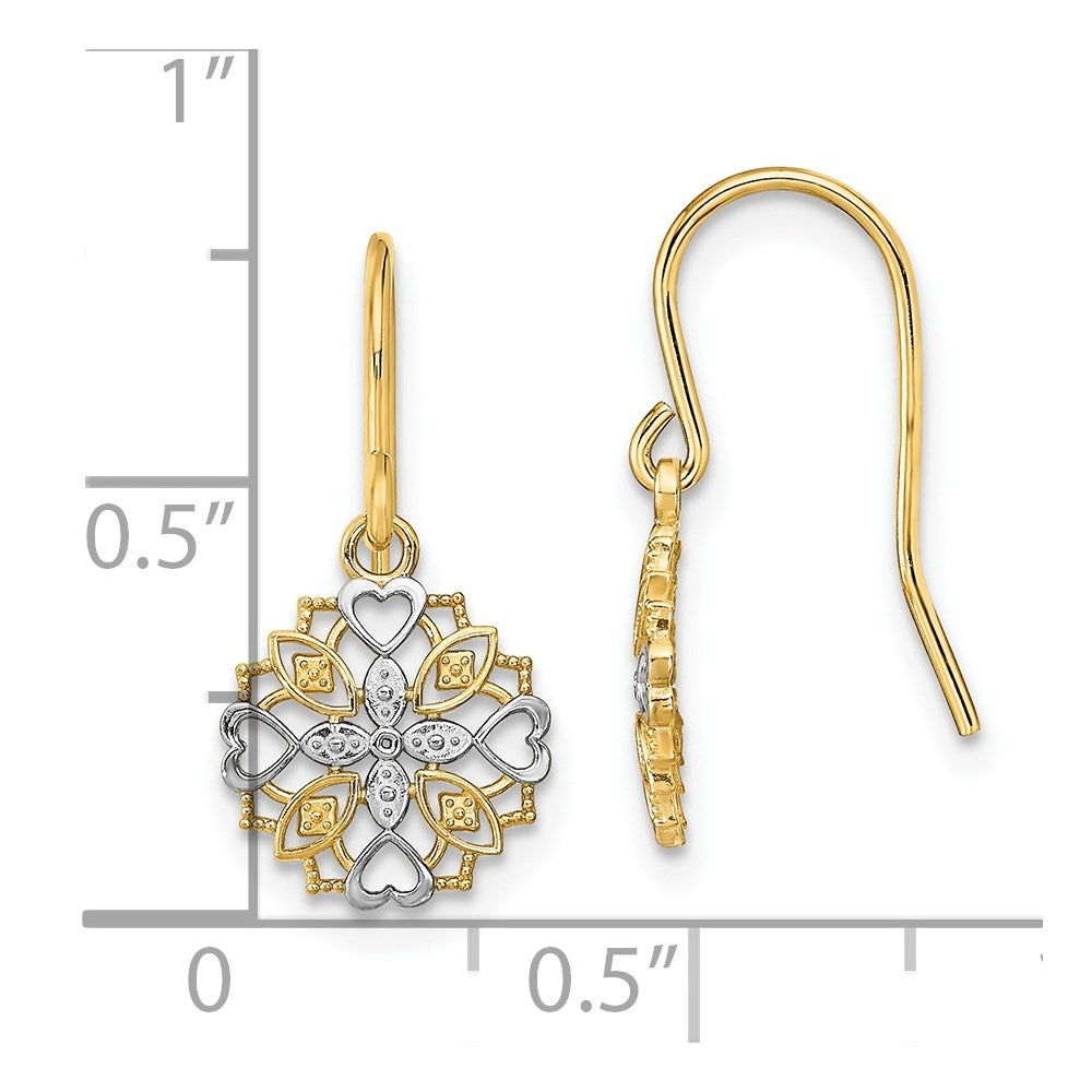 14K Yellow & Rhodium And Fancy Dangle Wire Earrings