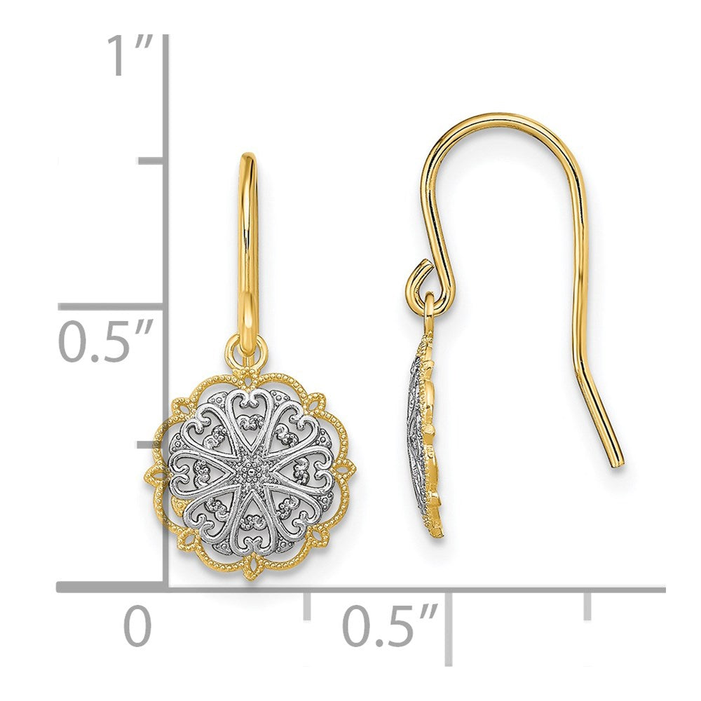 14K Yellow & Rhodium And Fancy Dangle Wire Earrings