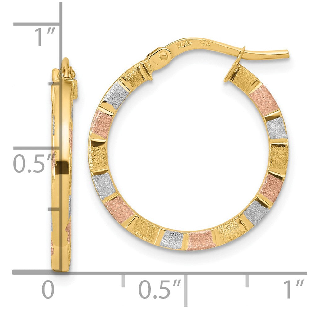 14K Yellow & Rhodium W/White Rose Polished Satin Hoop Earrings