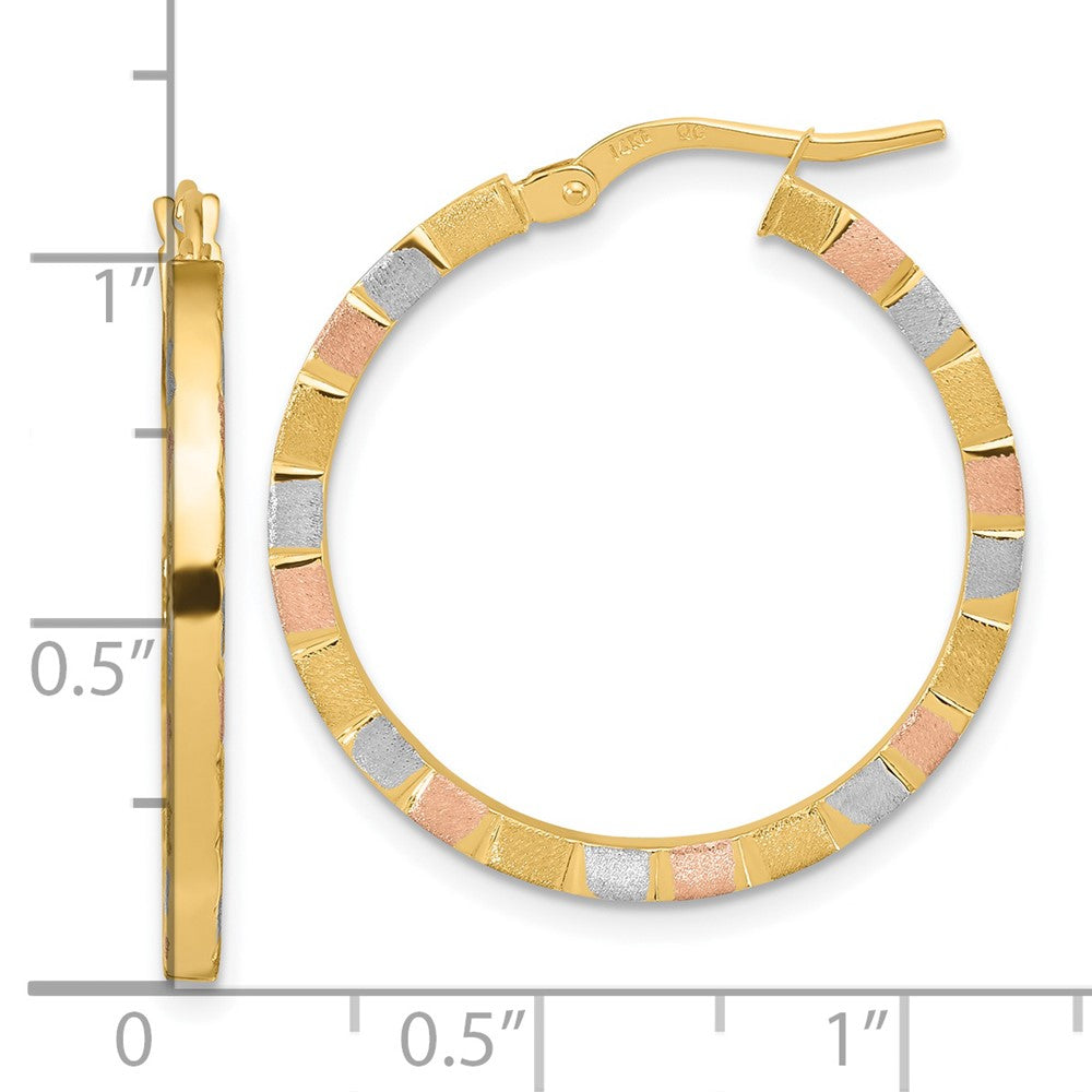 14K Yellow & Rhodium W/White Rose Polished Satin Hoop Earrings