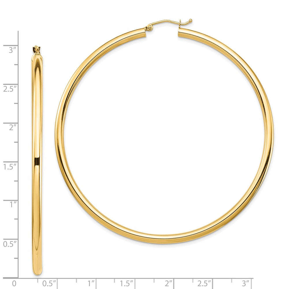 14K Yellow Gold Polished 3X70mm Lightweight Round Tube Hoop Earrings