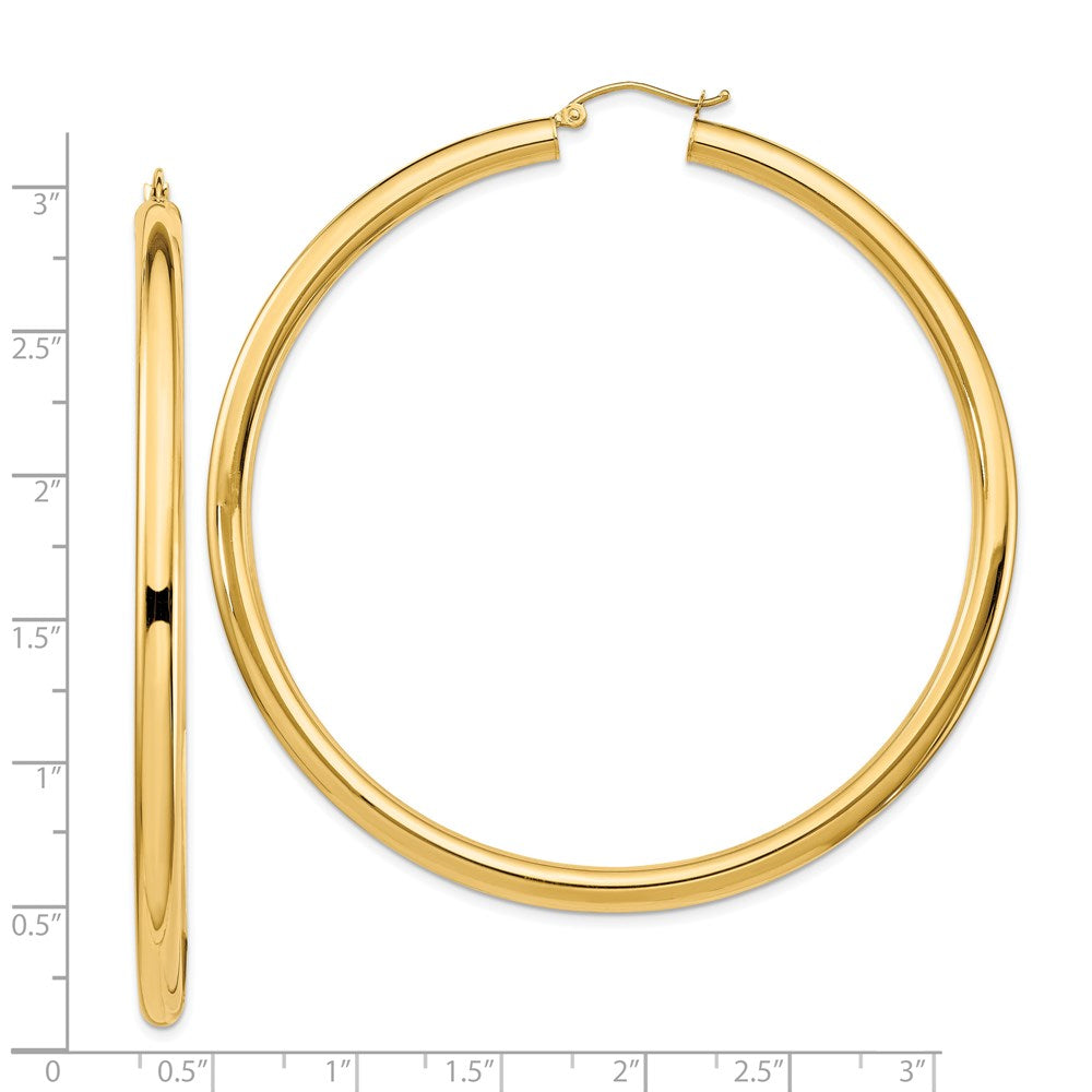 14K Yellow Gold Polished 4X70mm Lightweight Round Tube Hoop Earrings