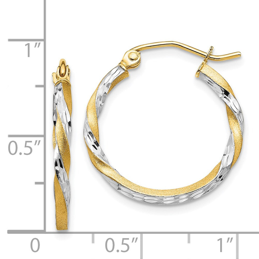 14K Yellow & Rhodium Satin Diamond Cut Twisted Hoop Earrings