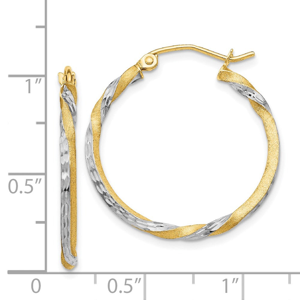 14K Yellow & Rhodium Satin Diamond Cut Twisted Hoop Earrings