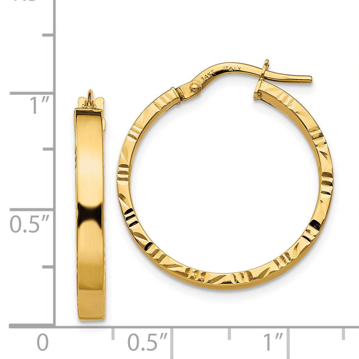 14K Yellow Gold Diamond Cut Edge Medium 3mm Polished Hoop Earrings