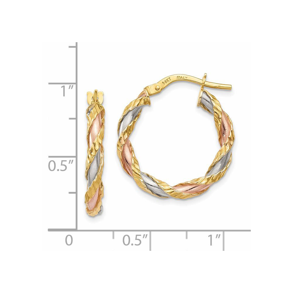 14K Yellow & Rhodium With White Rose Textured Twisted Hoop Earrings