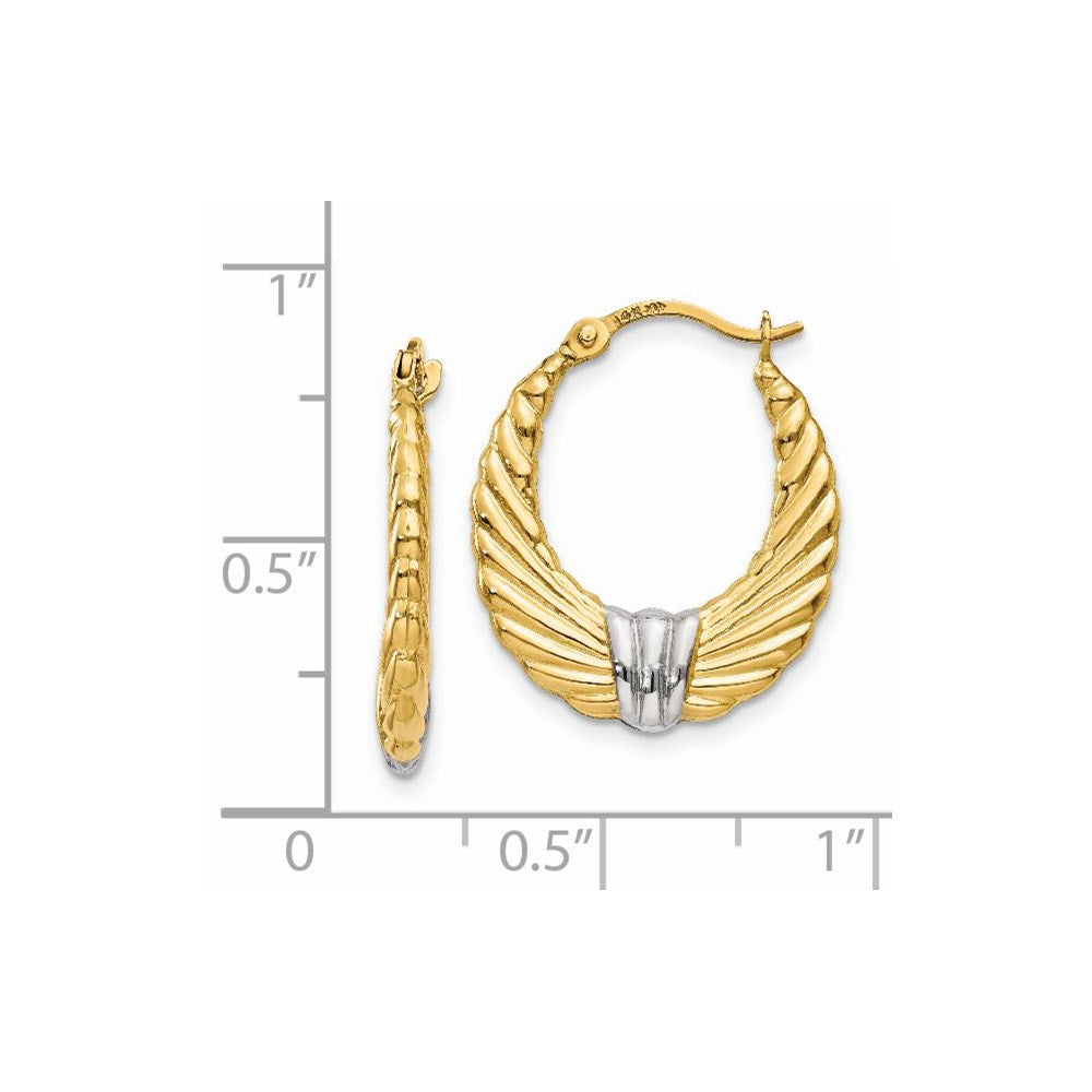 14K Yellow & Rhodium Polished And Textured Hoop Earrings