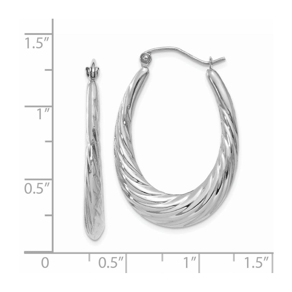 14K White Gold Polished And Textured Oval Hoop Earrings