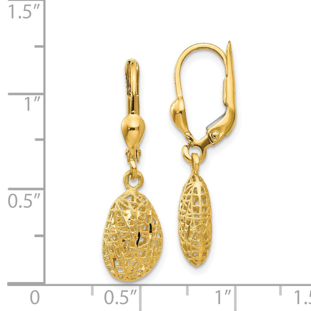 14K Yellow Gold Polished Diamond-Cut Satin Puff Dangle Leverback Earrings