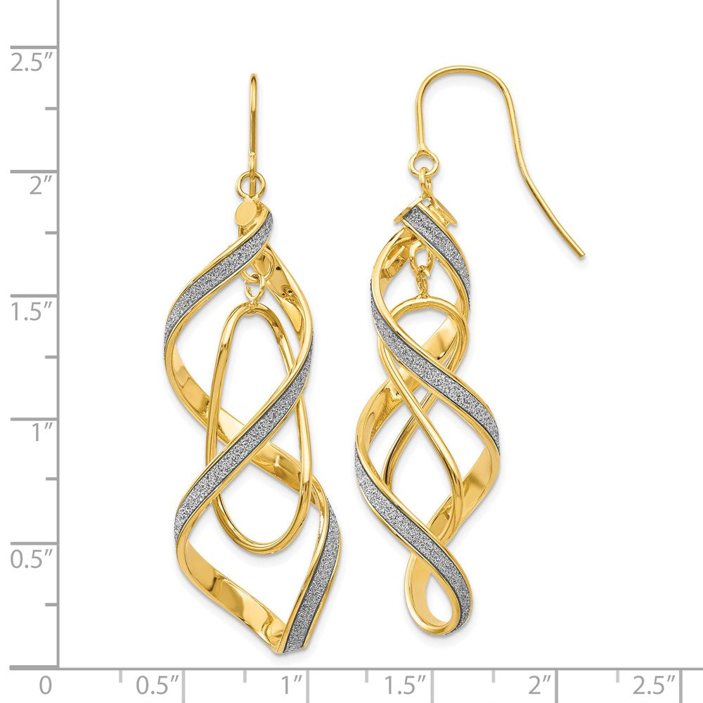 14K Yellow Gold Polished Glitter Infused Spiral Dangle Earrings