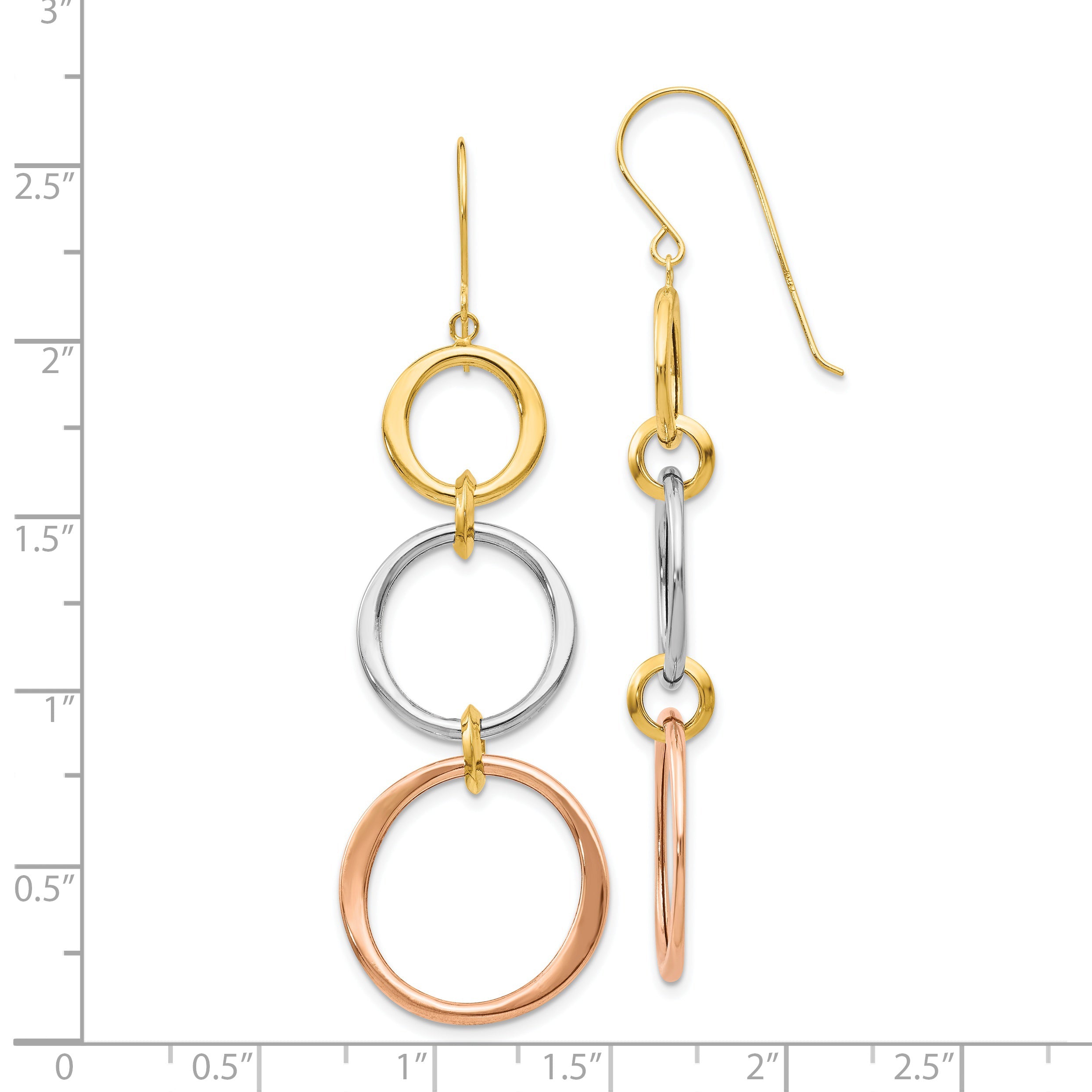 14K Tri-Color Triple Circle Dangle Earrings