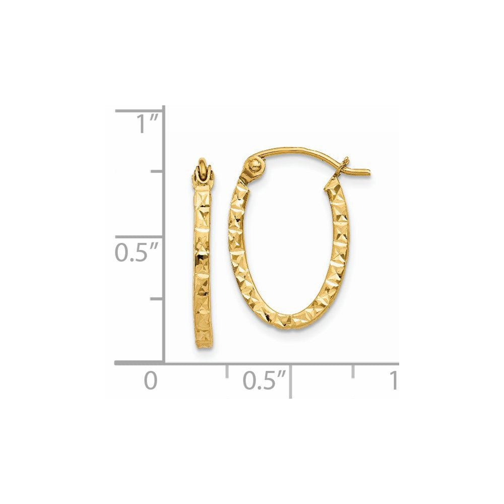 14K Yellow Gold Diamond Cut Oval Hollow Hoop Earrings