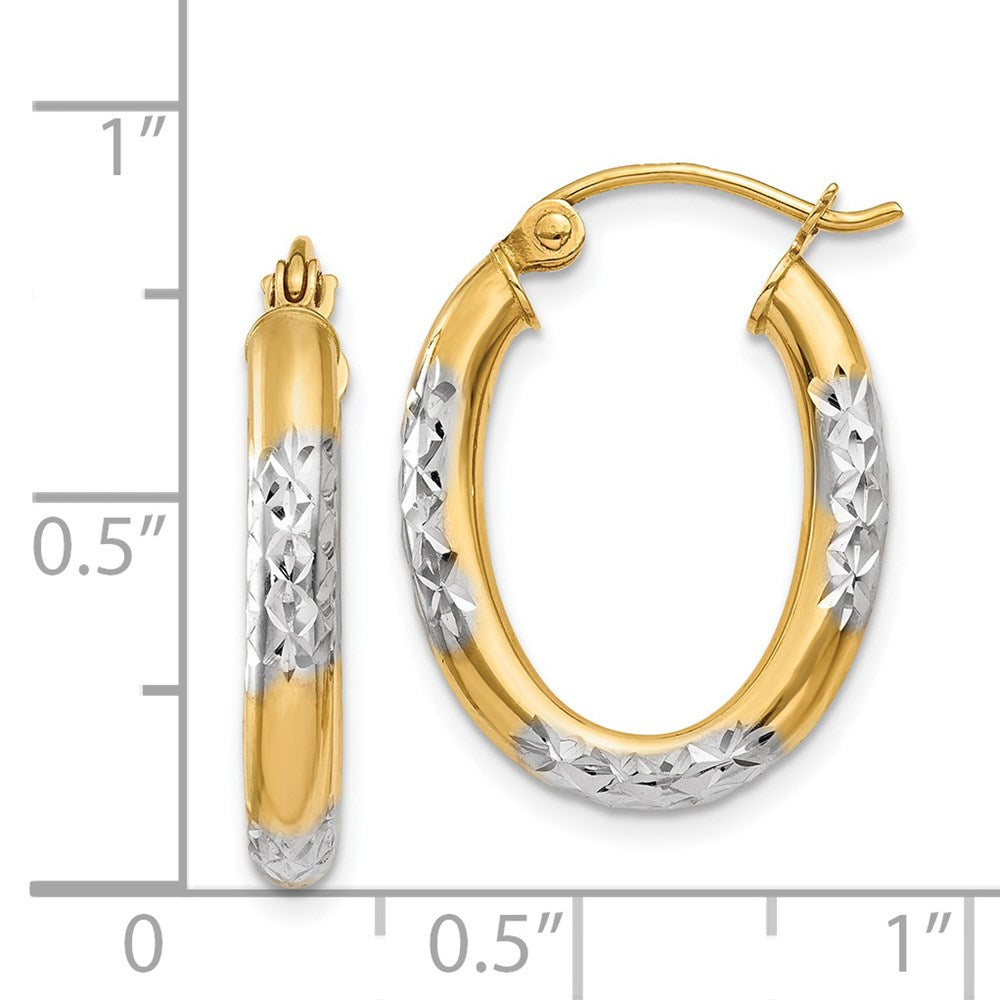 14K Yellow & Rhodium 3mm Diamond Cut Oval Hollow Hoop Earrings