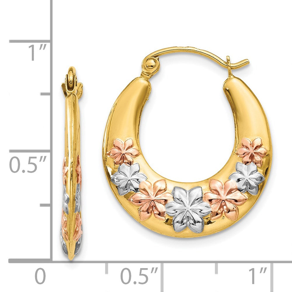 14K Yellow & Rhodium White And Rose Hollow Flowers Hoop Earrings