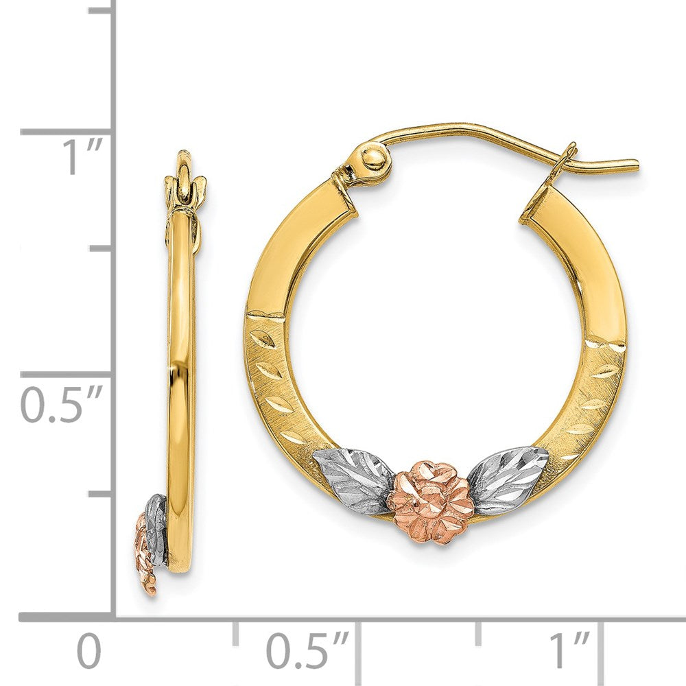 14K Two-Tone Yellow & Rose Gold W/ Rhodium Diamond Cut Flower Hoop Earrings